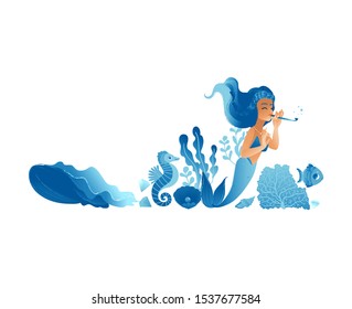 Blue hand drawn mermaid girl with sea animals, cute cartoon character playing musical instrument while swimming in ocean water with sea horse, fish and seaweed - isolated set vector illustration