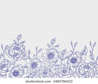 Blue Hand Drawn Rose and Peony Flower Background