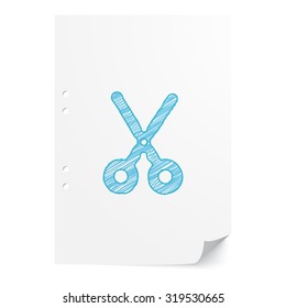 Blue hand drawn Scissors illustration on white paper sheet with copy space