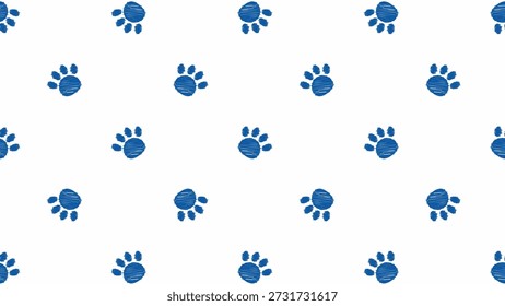 Blue hand drawn scribble paw print seamless pattern on white background. Minimalist animal track vector texture for veterinary branding, pet shop wallpaper, and fabric