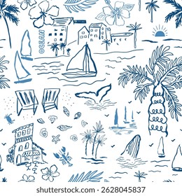 Blue hand drawn sea landscape seamless pattern. Summer vacation scene with houses, beach, palm, sailboats, coastal elements. Vector design for fabric, textile, wallpaper, background. Ink sketch style.