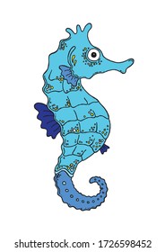 Blue hand drawn seahorse vector illustration