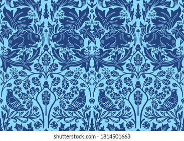 Blue hand drawn seamless ornament pattern with rabbit, bird and plants. Vector illustration.