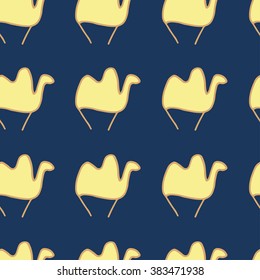 Blue hand drawn seamless pattern with camels. Decorative vector ornamental background. Can be used for textile design, bag template, packaging.