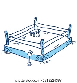 A blue hand drawn sketch of a boxing ring with a small stool in the center on a plain white background