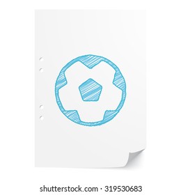 Blue hand drawn Soccer Ball illustration on white paper sheet with copy space