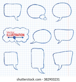 Blue Hand Drawn Speech Bubble Skech Set on Squared Paper Background. Vector Illustration