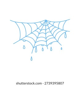 Blue hand drawn spider web with dew drops. Delicate spring or autumn cobweb doodle isolated on white. Halloween hand drawn decoration - spiderweb with drops of dew or rain.