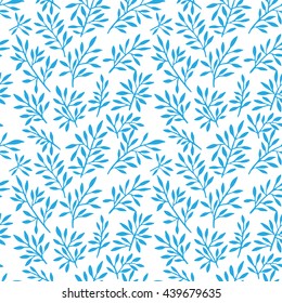 Blue hand drawn stems with leaves pattern on white background