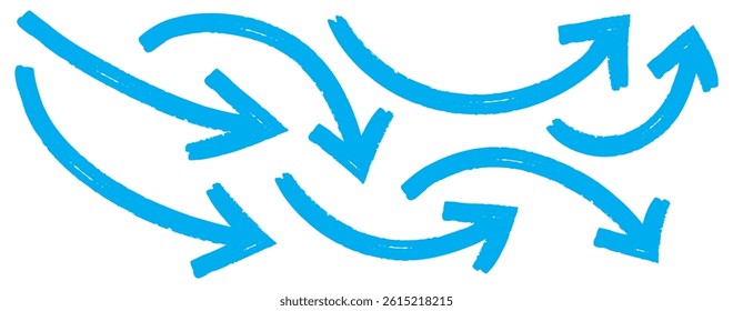 Blue Hand drawn vector arrow set. Brush, marker  bold arrows set. Collection of hand drawn doodle thick arrows. Set of Hand drawn vector arrows doodle. Set of blue hand drawn grunge doodle arrow.