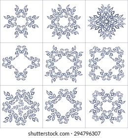 Blue hand drawn vector ornament set.  Can be used for tile, patten, snowflakes, fabric printing etc.