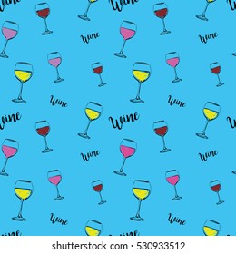 Blue hand drawn vector sketch. Wine pattern, texture, wineglass, red, pink, white wine. On blue background. Poster, wallpaper, card, print, illustration.