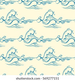 Blue hand drawn waves vector seamless pattern. Ocean graphic texture illustration