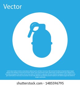 Blue Hand grenade icon isolated on blue background. Bomb explosion. White circle button. Vector Illustration