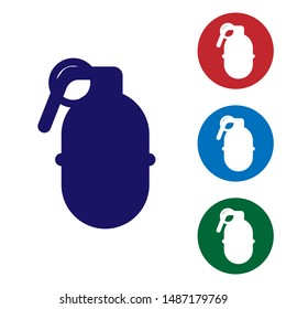 Blue Hand grenade icon isolated on white background. Bomb explosion. Set color icons in circle buttons. Vector Illustration