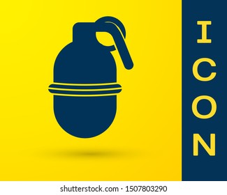 Blue Hand grenade icon isolated on yellow background. Bomb explosion.  Vector Illustration