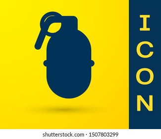 Blue Hand grenade icon isolated on yellow background. Bomb explosion.  Vector Illustration