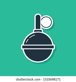 Blue Hand grenade icon isolated on green background. Bomb explosion.  Vector Illustration