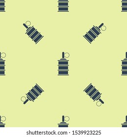 Blue Hand grenade icon isolated seamless pattern on yellow background. Bomb explosion.  Vector Illustration