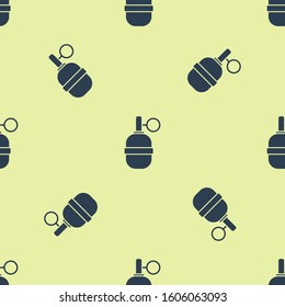 Blue Hand grenade icon isolated seamless pattern on yellow background. Bomb explosion.  Vector Illustration