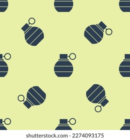 Icono de la granada de la mano azul aislado patrón sin fisuras sobre fondo amarillo. Explosión de bomba.  Vector