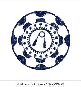 Blue hand gripper icon inside distressed rubber seal with grunge texture