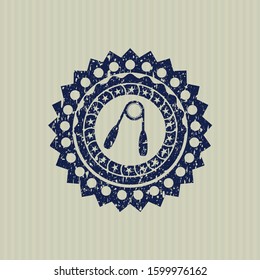 Blue hand gripper icon inside distress rubber grunge texture seal