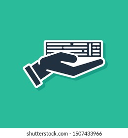 Blue Hand holding deck of playing cards icon isolated on green background. Casino gambling.  Vector Illustration