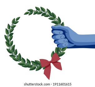 Blue hand holding a green laurel wreath with a red bow. Winner sign and banner. Vector illustration