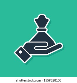 Blue Hand holding money bag icon isolated on green background. Dollar or USD symbol. Cash Banking currency sign.  Vector Illustration