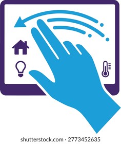 A blue hand interacts with a smart home control panel touchscreen displaying house light bulb and thermometer icons in dark blue on white background with blue border and accents