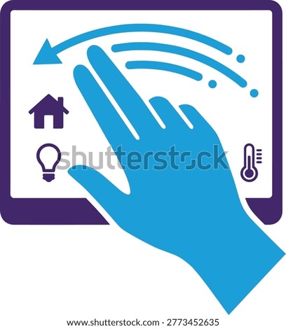 A blue hand interacts with a smart home control panel touchscreen displaying house light bulb and thermometer icons in dark blue on white background with blue border and accents