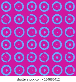 Blue hand painted circles on pink. Vector repeat pattern.