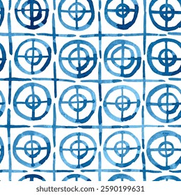 Blue hand painted seamless vector pattern with circles in grid