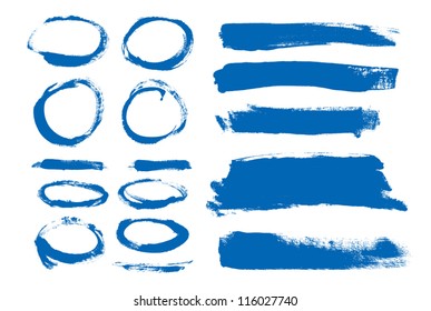 Blue hand painted vector abstract brush strokes  and circles collection