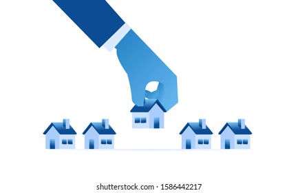 Blue Hand picks tiny house. Home Loan concept, Rent, Buying a property with flat illustration style