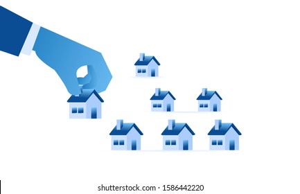 Blue Hand picks tiny house. Home Loan concept, Rent, Buying a property with flat illustration style