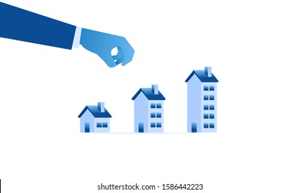 Blue Hand picks tiny house. Home Loan concept, Rent, Buying a property with flat illustration style