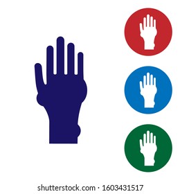 Blue Hand with psoriasis or eczema icon isolated on white background. Concept of human skin response to allergen or chronic body problem. Set color icons in circle buttons. Vector Illustration
