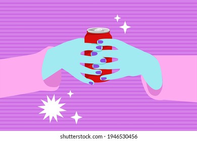 Blue hand with purple nails holding a red can