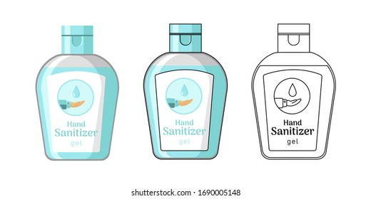 Blue hand sanitizer gel flat vector illustration. Set of three illustrations in different styles.