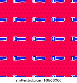 Blue Hand saw icon isolated seamless pattern on red background.  Vector Illustration