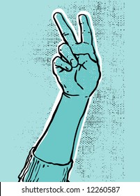 blue hand showing victory or peace sign grunge textured vector illustration