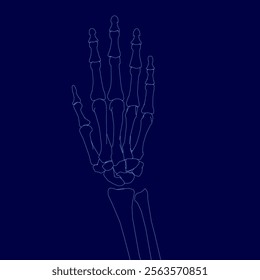 Blue hand with a skeleton in the background. The skeleton is in the background of the image and the hand is in the foreground