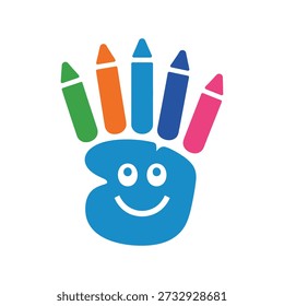 Una mano azul con una cara sonriente y cinco crayones de diferentes colores