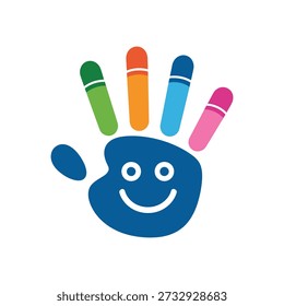 Una mano azul con una cara sonriente y cinco dedos coloridos, transmitiendo felicidad y creatividad