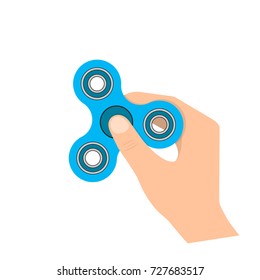 Blue hand spinner in the hand isolated. Vector illustration. Spinner stress relieving toy.