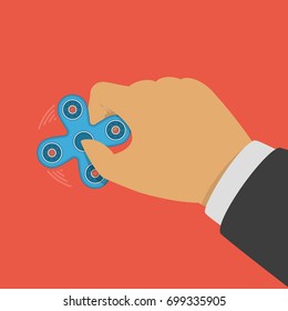 Blue hand spinner in man hands. Finger Spinner stress relieving toy. Meditation or anti stress device concepts. Vector illustration in flat style. EPS 10.