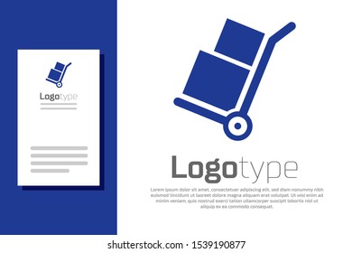 Blue Hand truck and boxes icon isolated on white background. Dolly symbol. Logo design template element. Vector Illustration