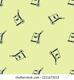 Blue Hand truck and boxes icon isolated seamless pattern on yellow background. Dolly symbol.  Vector